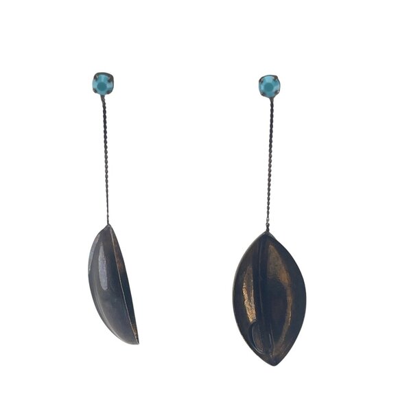 Vintage Style Long Dangle Earrings With Turquoise Studs & Bronze Leaf Design - Picture 6 of 9